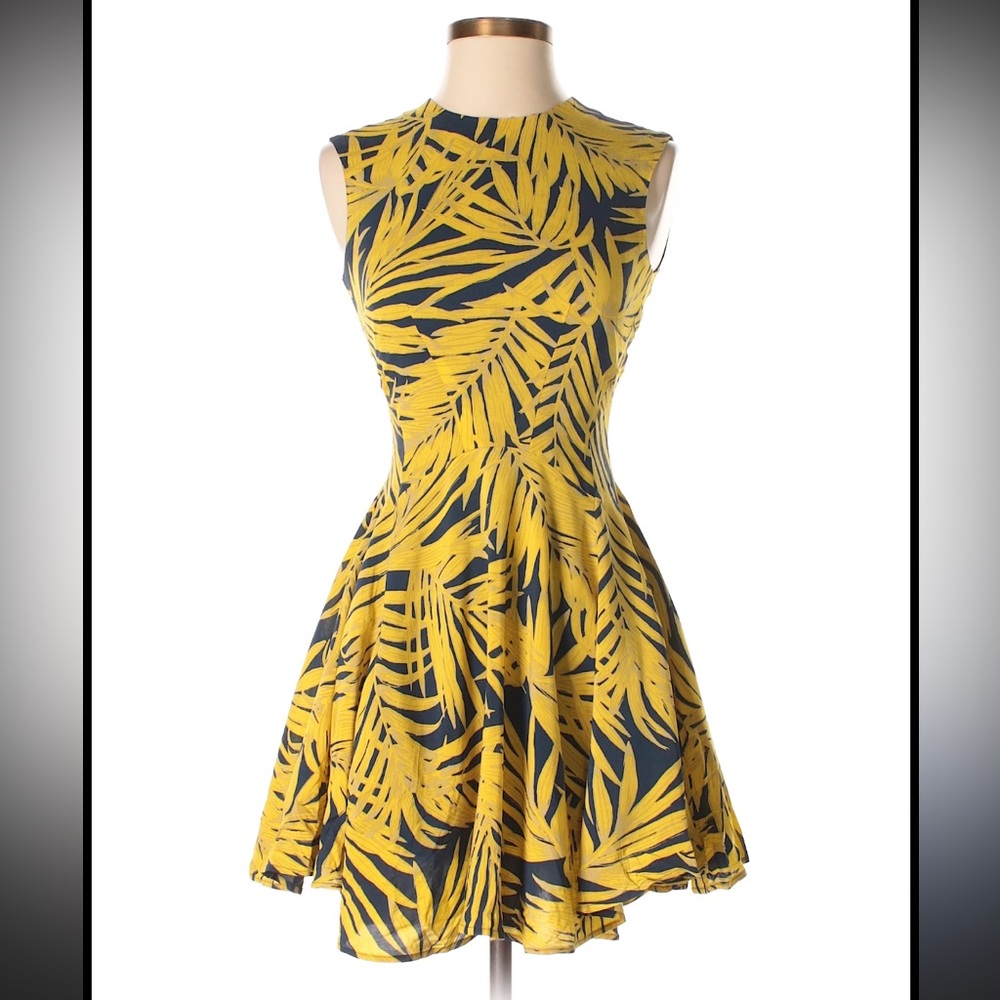 H&M Yellow and Blue Palm Leaf Print Dress